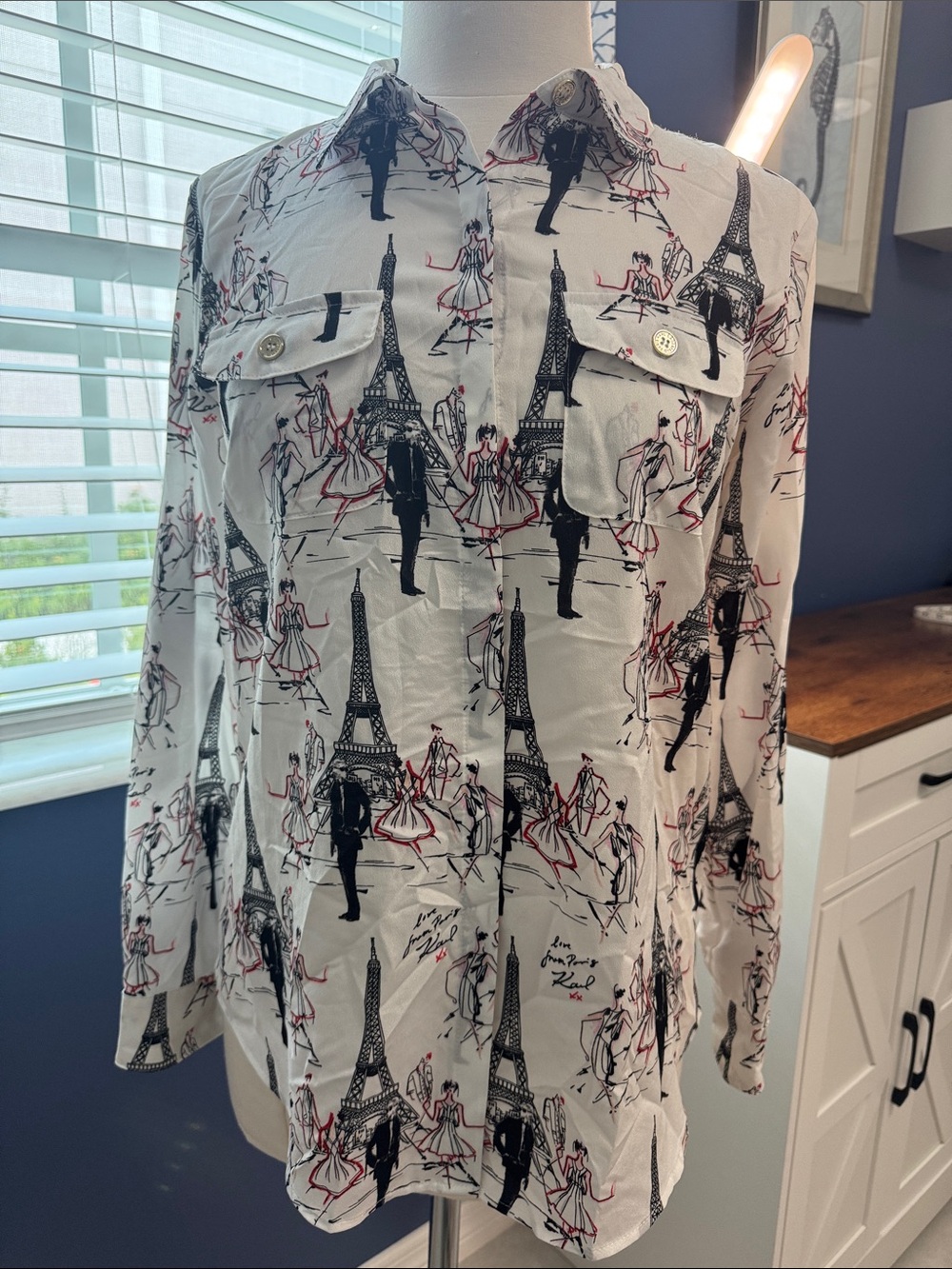 Karl Lagerfeld White Eiffel Tower Print Button-Front Shirt